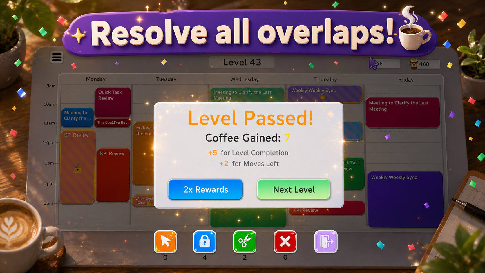 Meeting Mayhem gameplay showing overlapping meetings to resolve